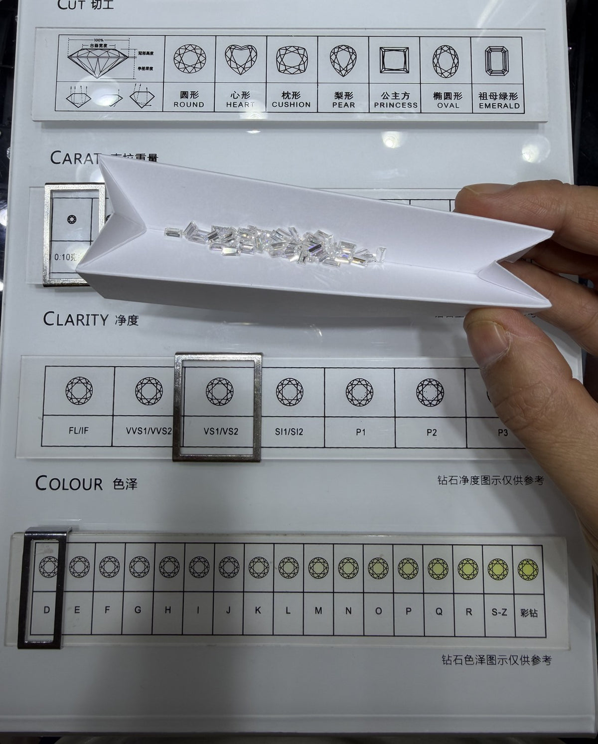 Baguette lab-grown diamond melee, DE VS-VVS, on an inspection tray