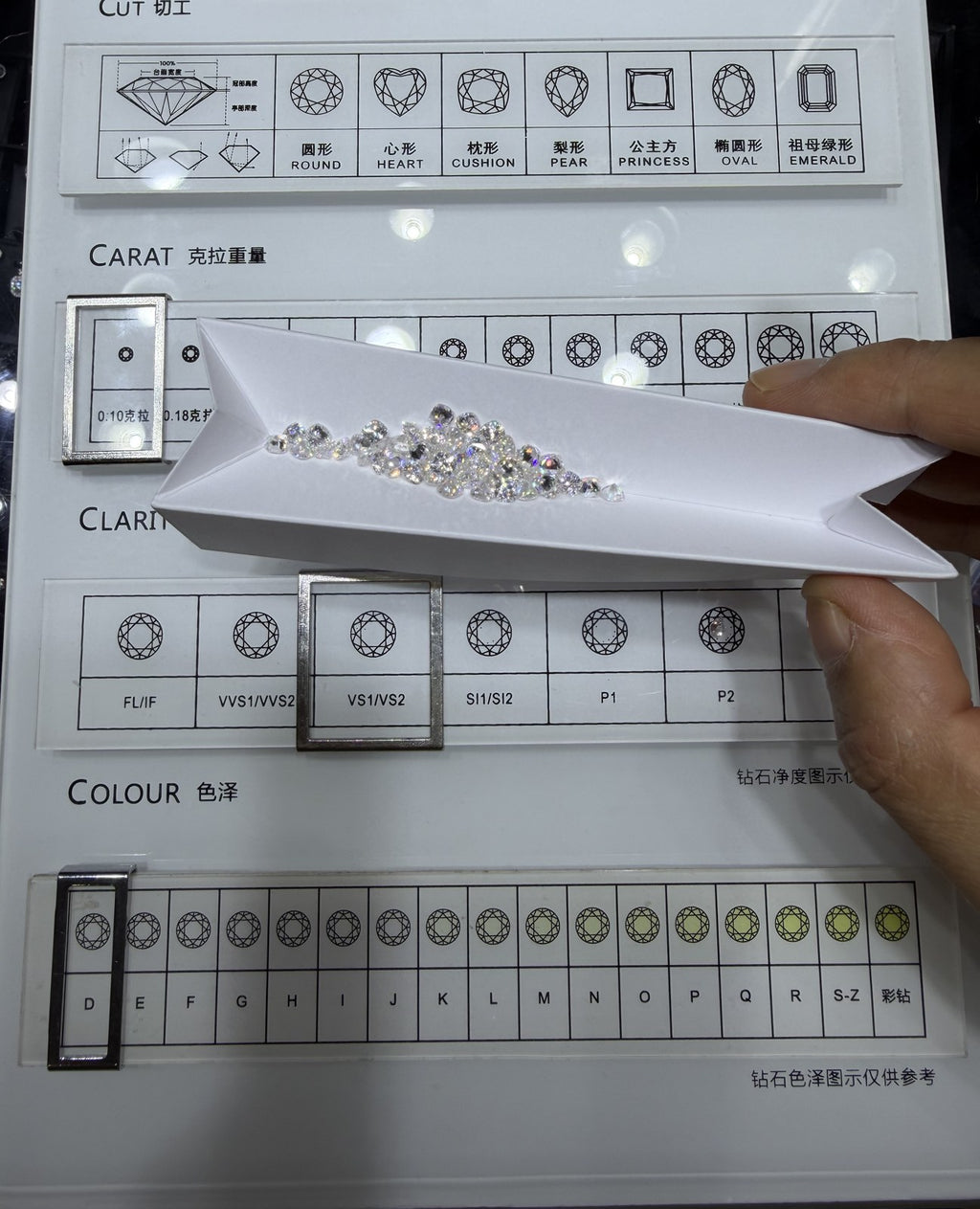 Cushion lab-grown diamond melee, DE VS-VVS, on an inspection tray