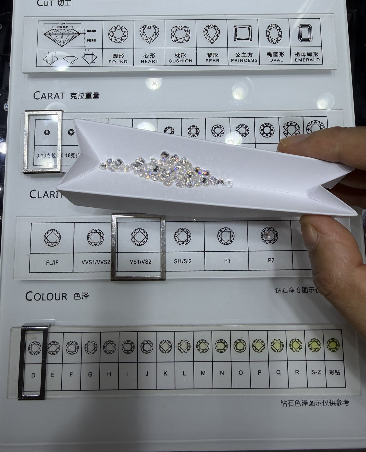 Cushion lab-grown diamond melee, DE VS-VVS, on an inspection tray