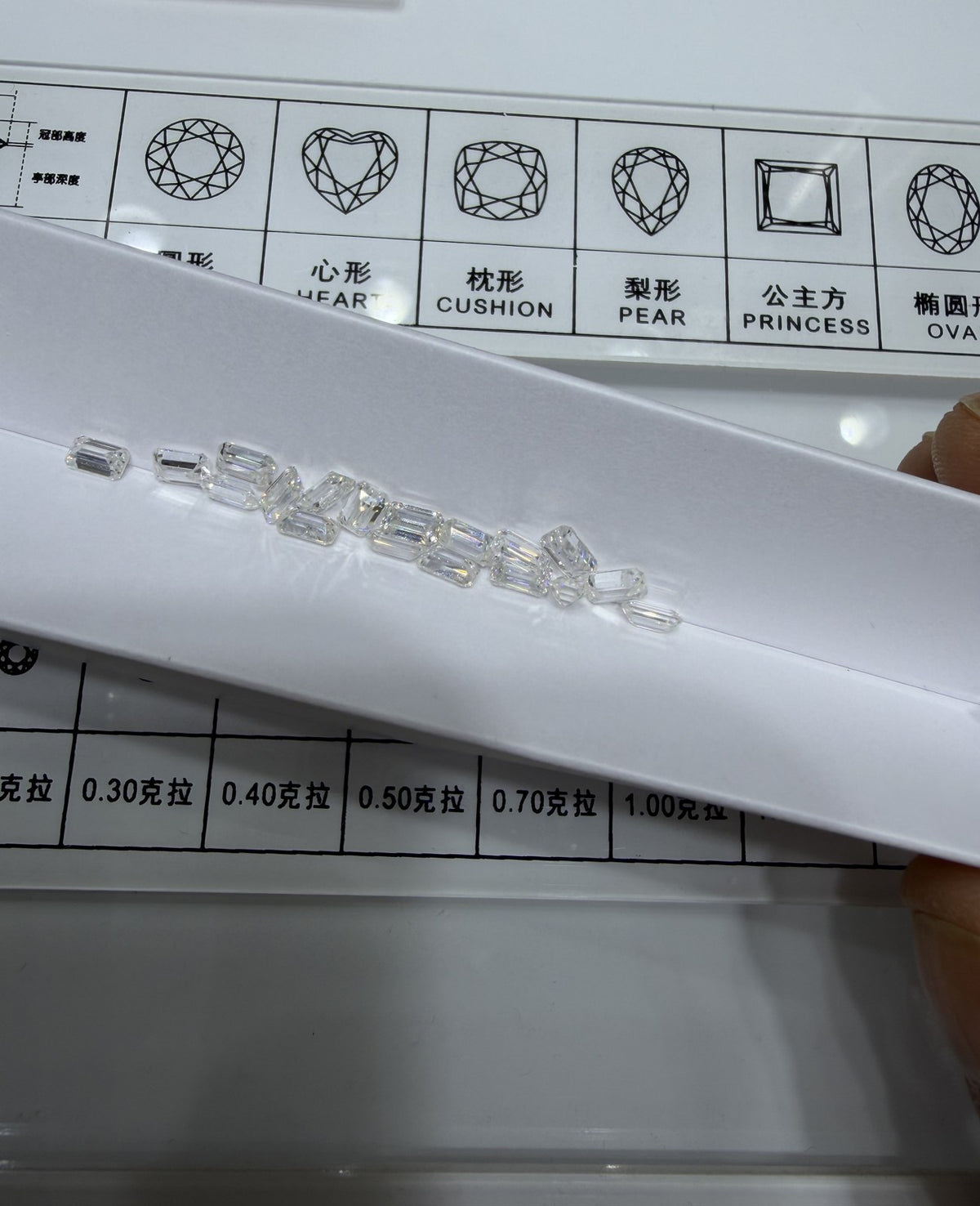 Emerald lab-grown diamond melee, DE VS-VVS, on an inspection tray