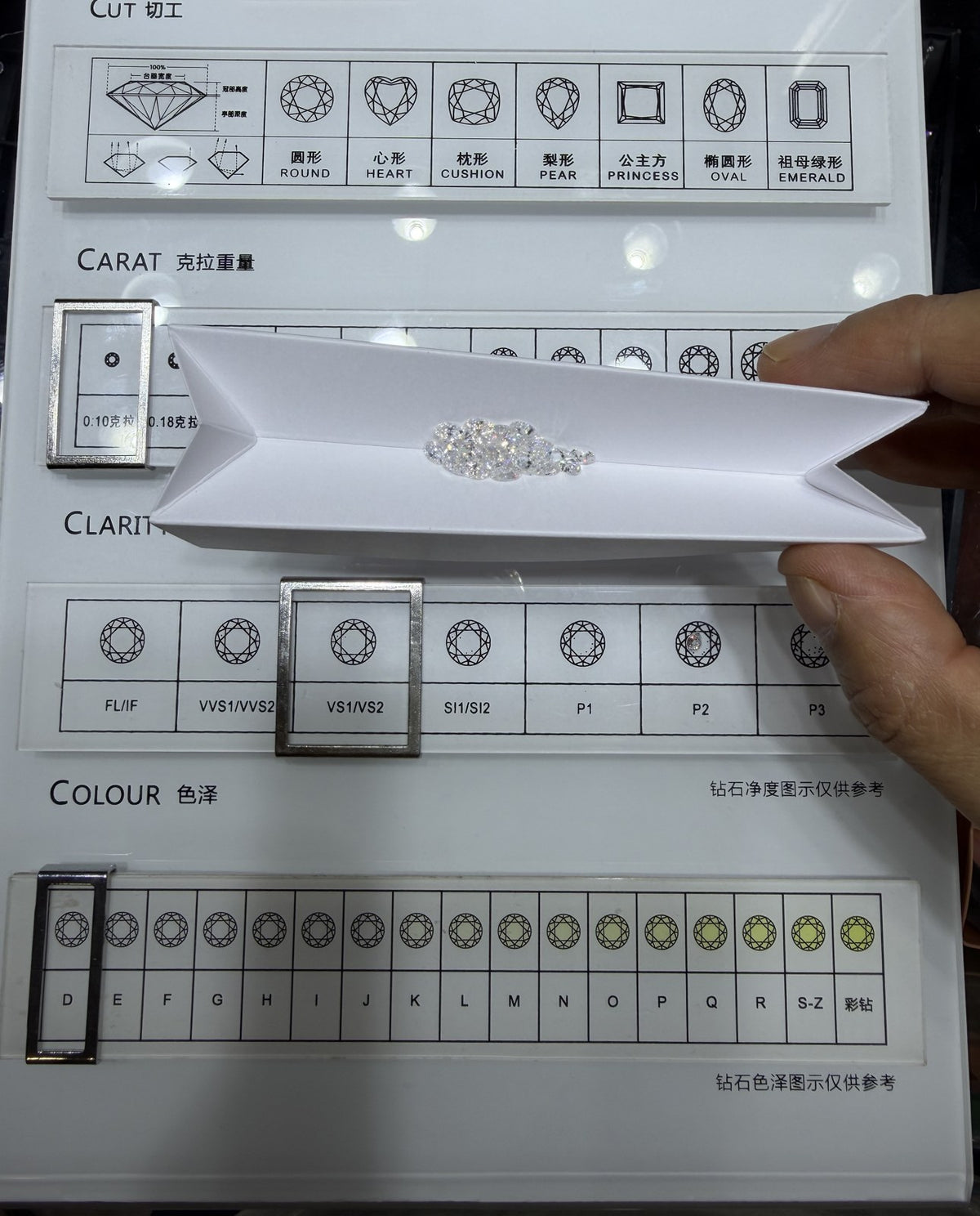 Oval lab-grown diamond melee, DE VS-VVS, on an inspection tray