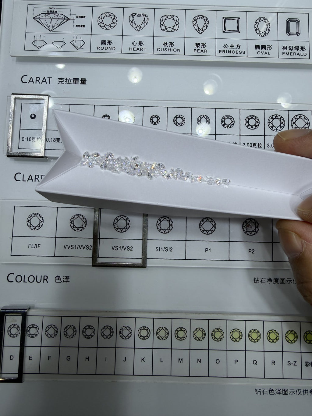 Pear lab-grown diamond melee, DE VS-VVS, on an inspection tray