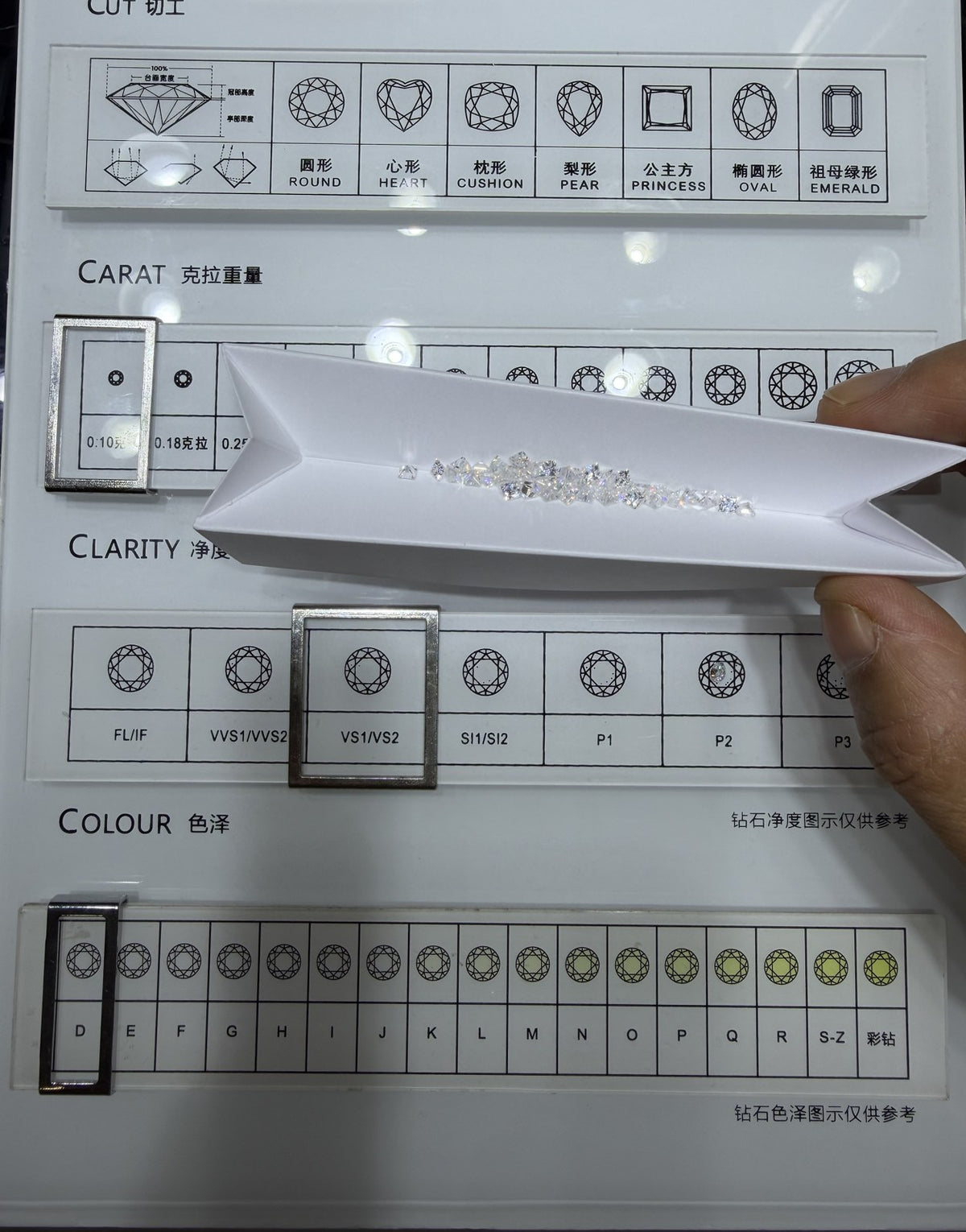 Princess lab-grown diamond melee, DE VS-VVS, on an inspection tray