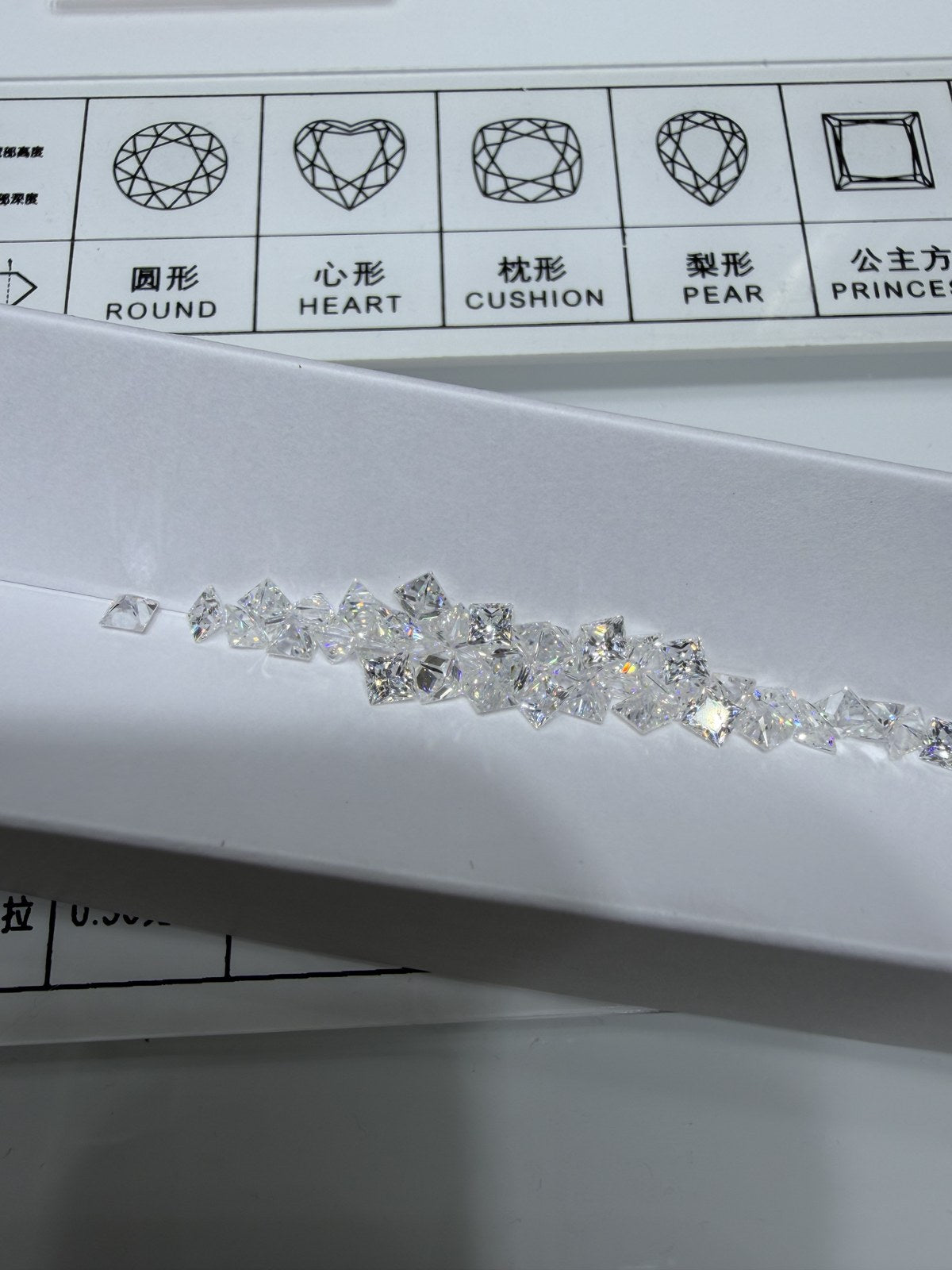 Princess lab-grown diamond melee, DE VS-VVS, on an inspection tray