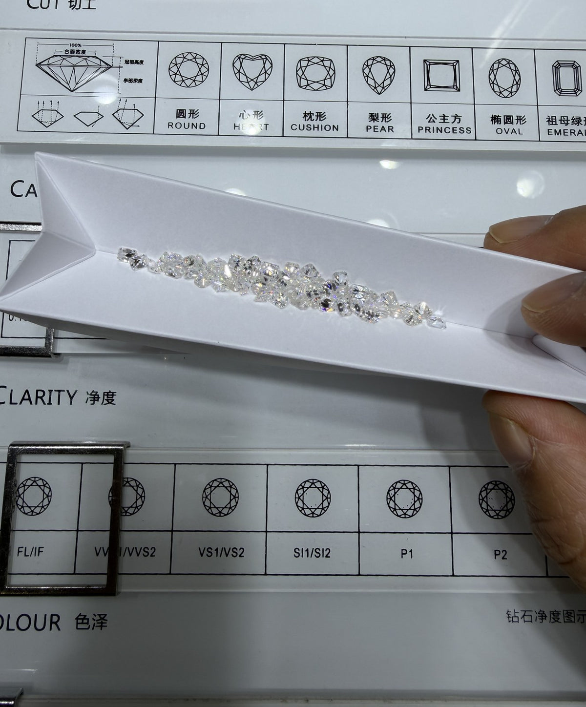 Radiant lab-grown diamond melee, DE VS-VVS, on an inspection tray