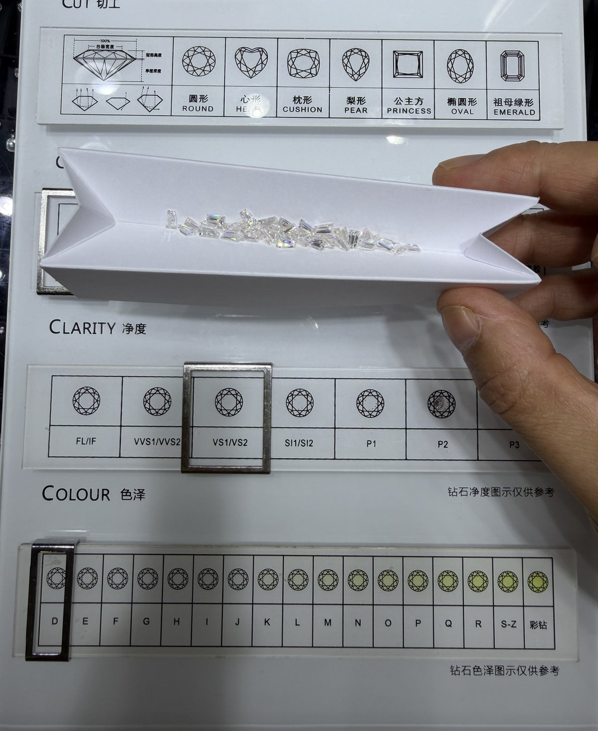 Trapezoid lab-grown diamond melee, DE VS-VVS, on an inspection tray