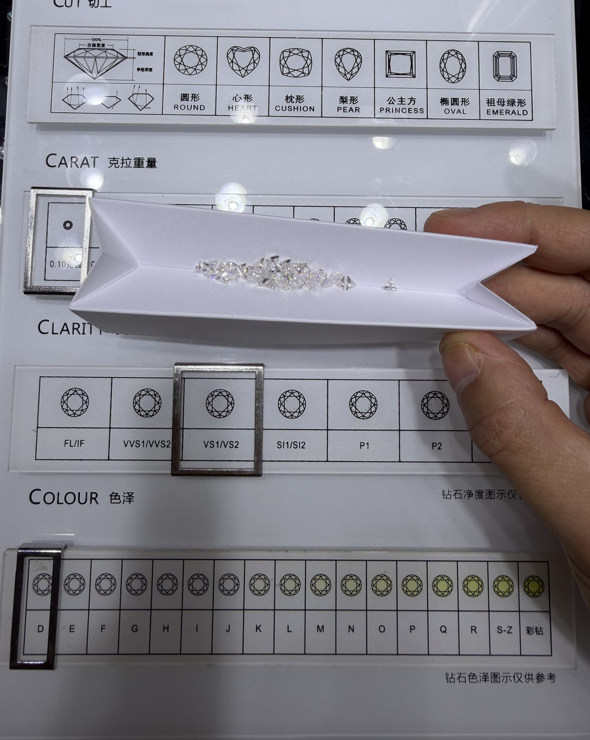 Triangle lab-grown diamond side stones, DE VS-VVS, on an inspection tray