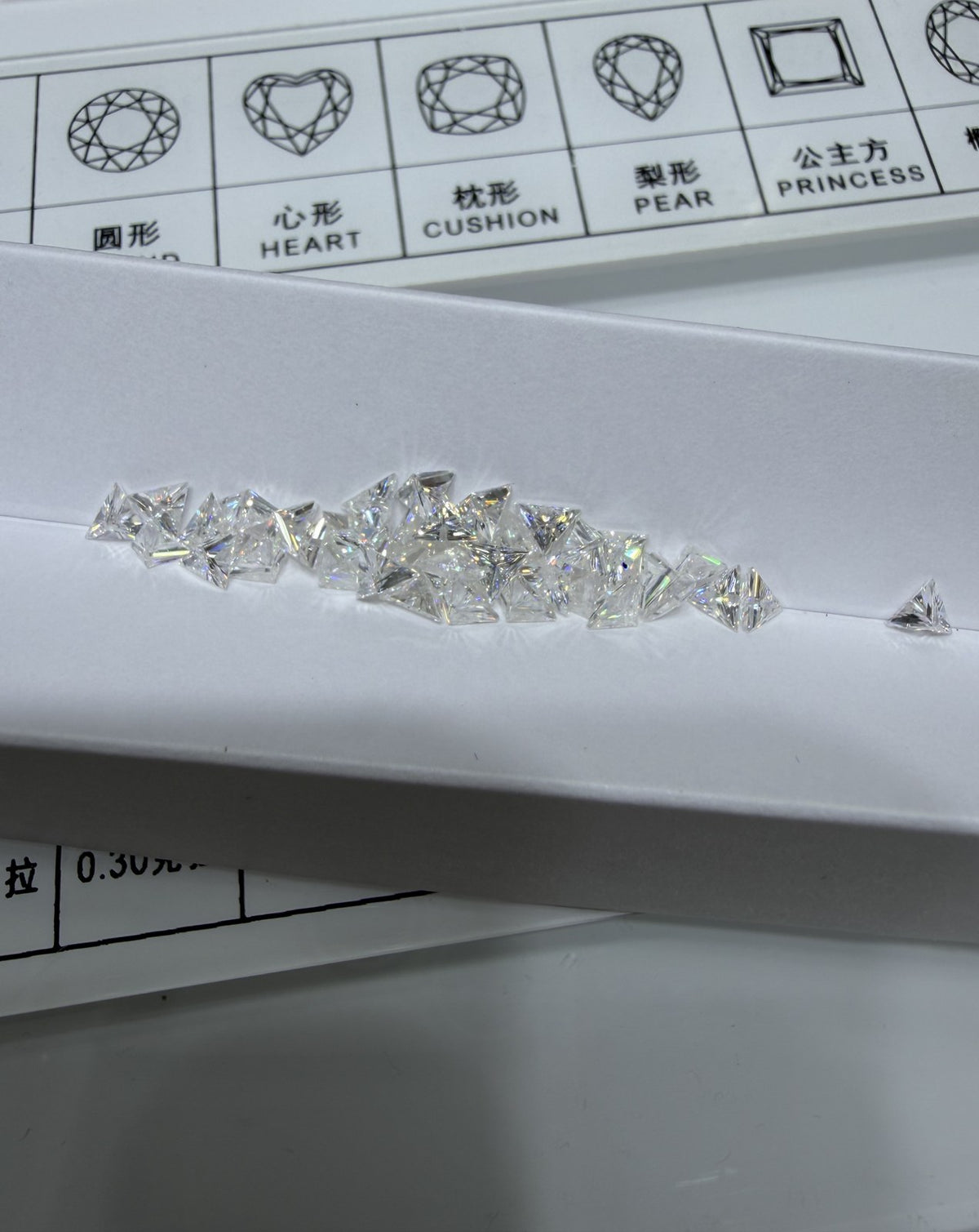 Triangle lab-grown diamond side stones, DE VS-VVS, on an inspection tray